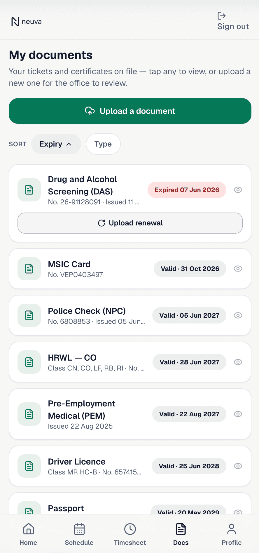 Neuva worker app documents list with ticket and certificate expiry status and one-tap renewal upload