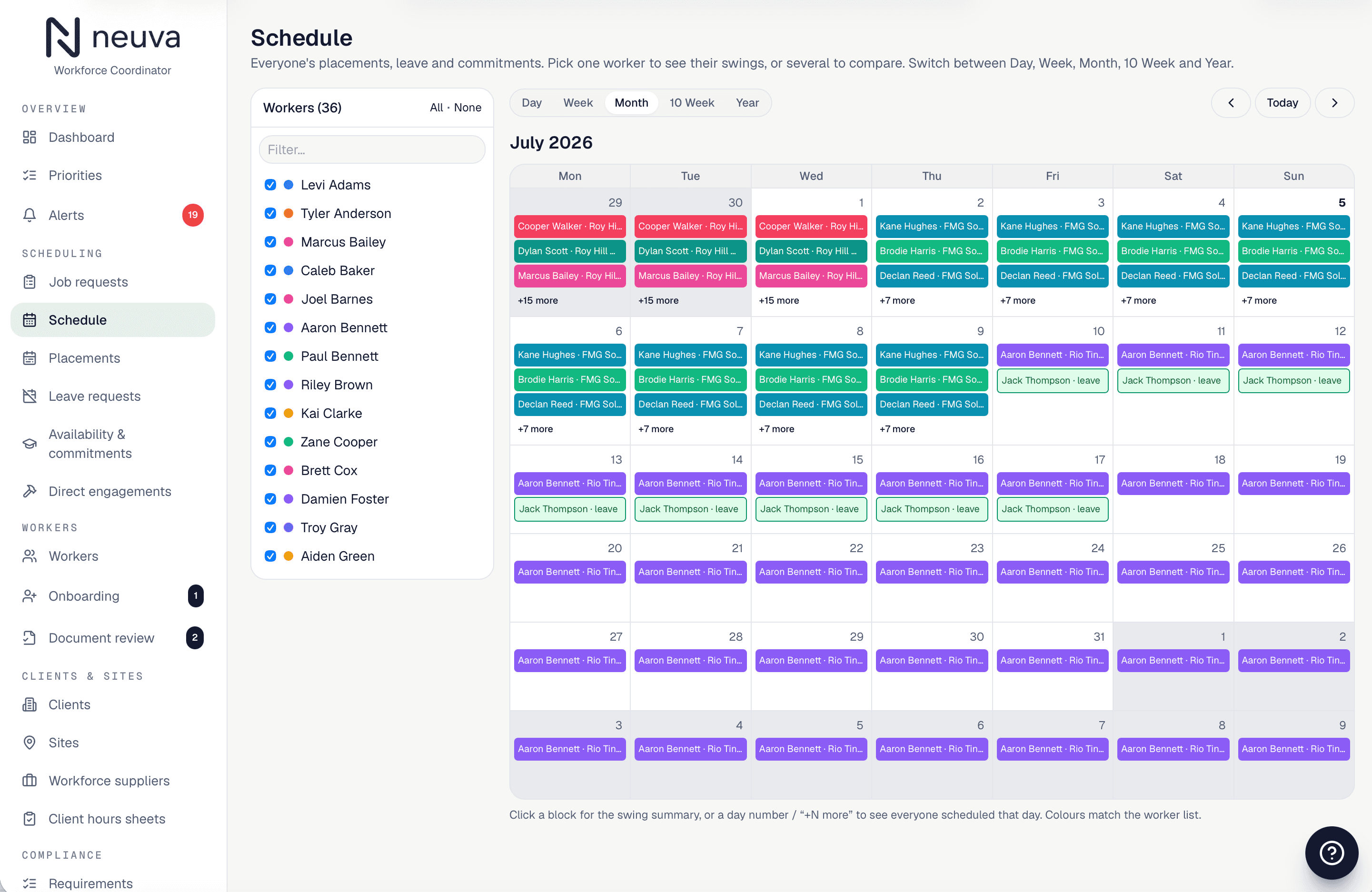 Neuva schedule showing placements, shifts and rosters across the workforce